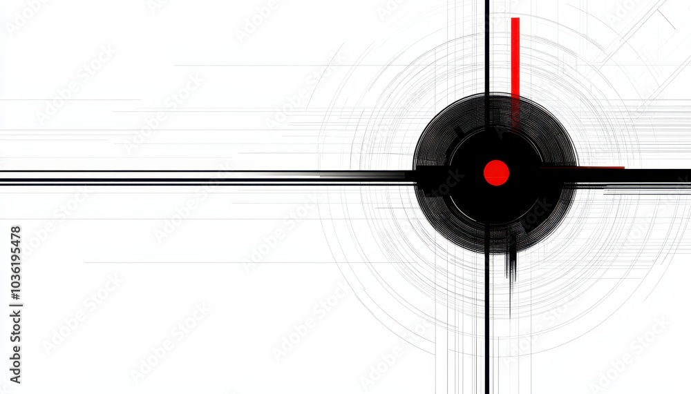 Poster abstract design featuring a central red dot and intersecting black lines