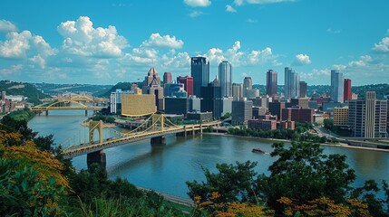 A cityscape with a famous bridge, an iconic landmark connecting different parts of the city