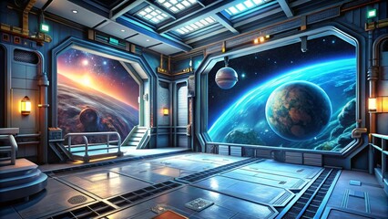 Futuristic spaceship interior corridor with large windows looking at earth and mars planets