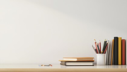 Fototapeta premium Organized workspace with books and stationery on a clean desk in bright daylight