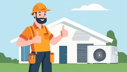 Air conditioning technician giving a thumbs up in front of a residential home