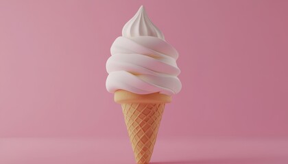 Delicious ice cream cone with swirled soft serve on a pink background
