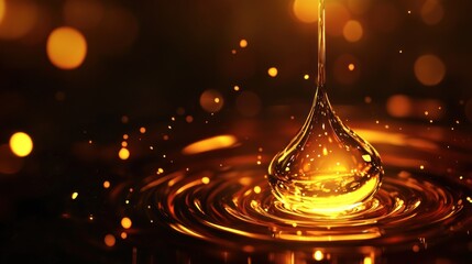 A close-up of a golden liquid drop creating ripples, capturing a sense of motion and beauty.