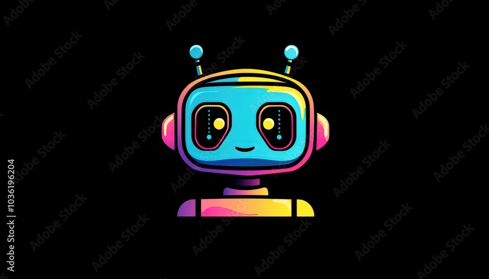 Poster colorful robot character on a black background with friendly expression
