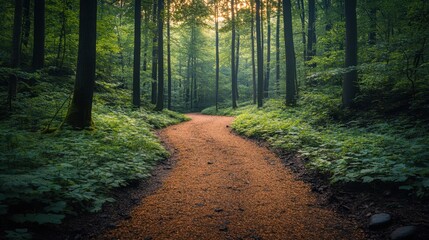 Obraz premium Serene forest pathway, gentle illumination, sparse foliage, inviting tranquility, nature's embrace, peaceful exploration, enchanting solitude