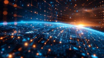 Fototapeta premium Digital world with a grid of data lines showing global telecommunication and IoT