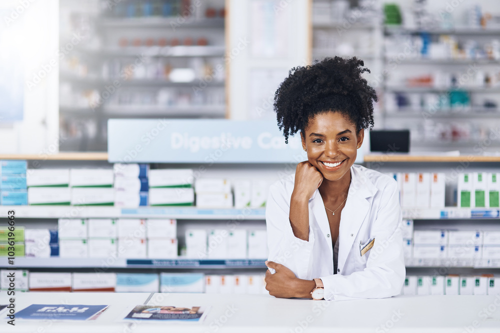 Sticker Pharmacy, doctor and woman in portrait by counter, medical advice and drugstore for customer service. African female person, pharmacist and confidence with smile for prescription, medicine or support