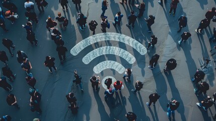 A large group of people stand together in a crowd with a wifi symbol drawn on the ground.