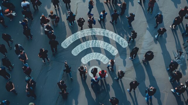 A large group of people stand together in a crowd with a wifi symbol drawn on the ground.