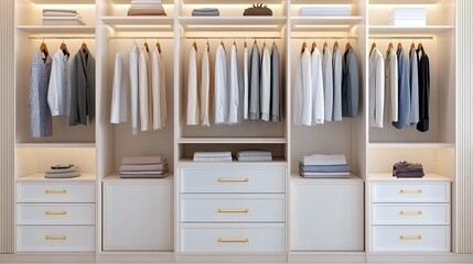 Stylish beige outerwear hangs neatly in a contemporary dressing room featuring sleek, modern storage solutions