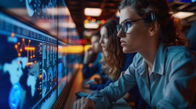 Diverse business professionals connected globally, exchanging data and strategies for customer service and outsourcing. Emphasis on technology and teamwork