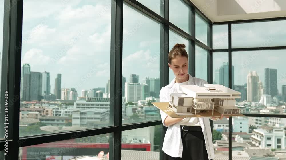 Aufkleber smart happy beautiful manager check house model by turning left side and right side. professional ma