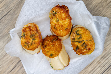 Overhead view of delicious looking order of garlic bread to eat as a dinner appetizer