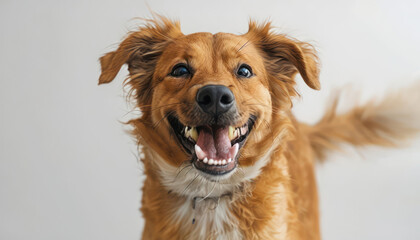 A happy golden brown dog with big brown eyes and a white patch on its chest smiles at the camera.