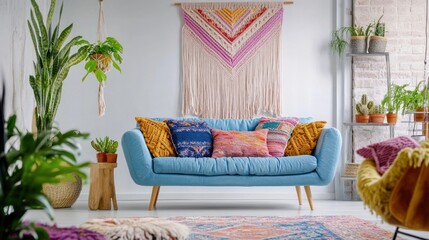 A cozy, stylish living room with a blue sofa, colorful pillows, and decorative plants.
