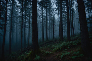 Obraz premium In a forest in the mountains on a foggy night