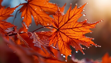 Autumn orange maple leaf macro photo with raindrops. The beauty of nature, autumn forest and leaf...