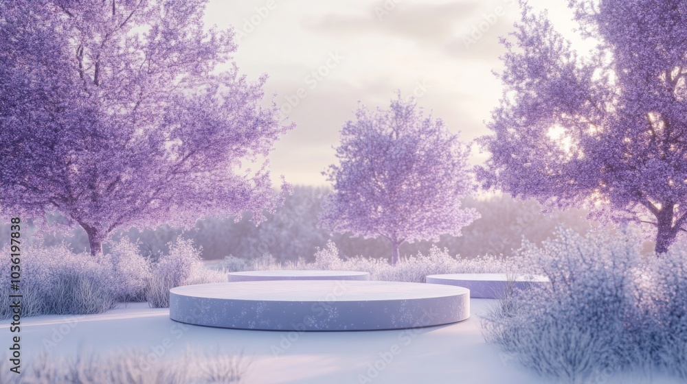 Leinwandbilder a serene winter scene displays stunning purple trees surrounding smooth circular stone platforms. so