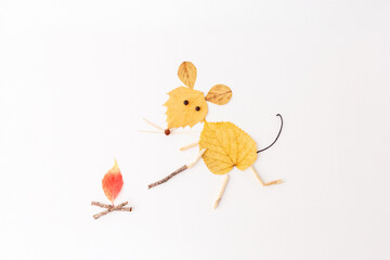 a creative and artistic composition of a mouse made from autumn leaves and twigs on a white background. red leaf that looks like a flame, use of natural elements