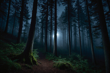 Fototapeta premium Forest in the mountains at night is foggy