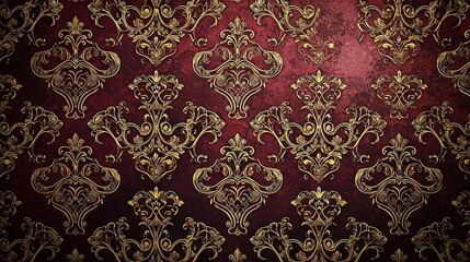  Red and gold wallpaper featuring a gold floret and swirl pattern on a solid red backdrop