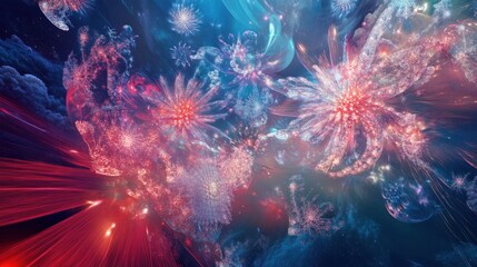 Vibrant cosmic flowers illuminating the night sky