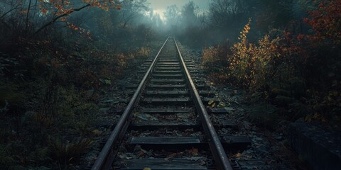 Naklejka premium A mysterious train track disappears into the fog on a gloomy autumn day.