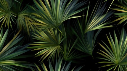 A vibrant arrangement of green palm leaves creating a seamless tropical pattern set against a contrasting black background