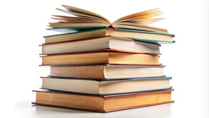 Tall stack of hardcover books with colorful covers is sitting on a white surface