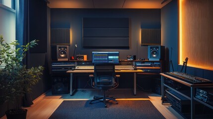 A modern music studio featuring audio equipment and a sleek workstation for sound production.