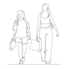 2 young women with shopping bags walking and talking. Continuous one line drawing. Black and white vector illustration in line art style.