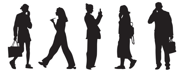 Silhouettes of women and businessman talking on phone. Black items isolated on white background.
