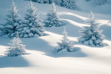 Fototapeta premium Beautiful landscape with snow covered fir trees and snowdrifts.Merry Christmas and happy New Year greeting background with copy-space.Winter fairytale , ai