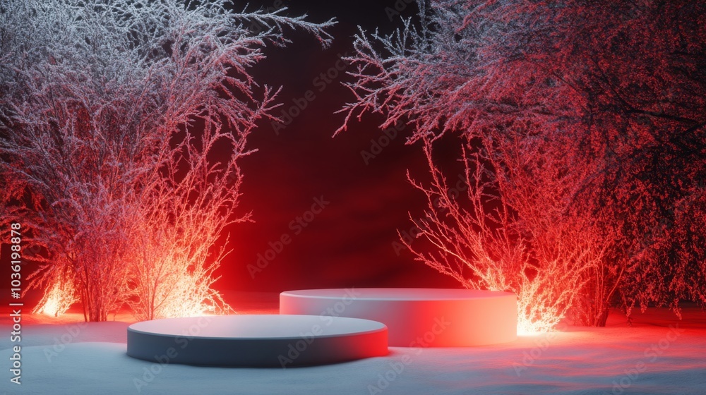 Fototapete Two white platforms sit on the snowy ground in a forest at night. The trees are bare and covered in frost. The platforms are illuminated by a red light, creating a surreal and ethereal atmosphere.