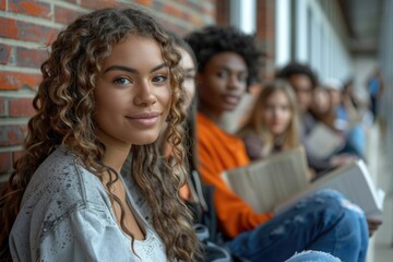 Obraz premium Campus leisure: university students unwind during break between classes outside academic building, laptops and books, capturing essence of relaxation, positive interaction in an academic setting.