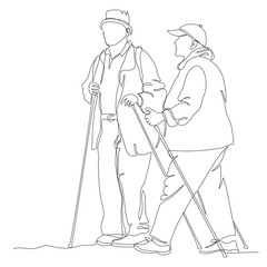 Elderly couple at nordic walking activity. Continuous one line drawing. Black and white vector illustration in line art style.