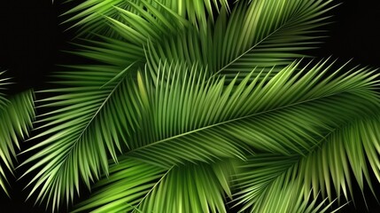 A vibrant arrangement of green palm leaves creating a seamless tropical pattern set against a contrasting black background