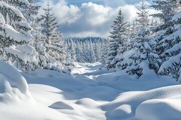 Naklejka premium Beautiful landscape with snow covered fir trees and snowdrifts.Merry Christmas and happy New Year greeting background with copy-space.Winter fairytale , ai