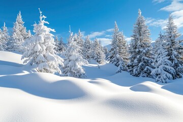 Obraz premium Beautiful landscape with snow covered fir trees and snowdrifts.Merry Christmas and happy New Year greeting background with copy-space.Winter fairytale , ai