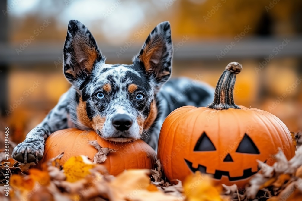 Wall mural dog is laying on top of two pumpkins, one of which has a scary face