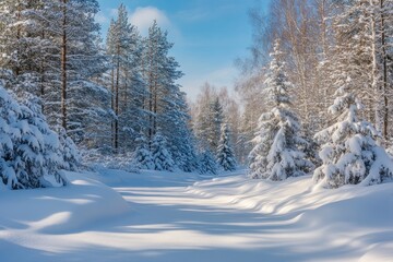 Obraz premium Beautiful landscape with snow covered fir trees and snowdrifts.Merry Christmas and happy New Year greeting background with copy-space.Winter fairytale , ai