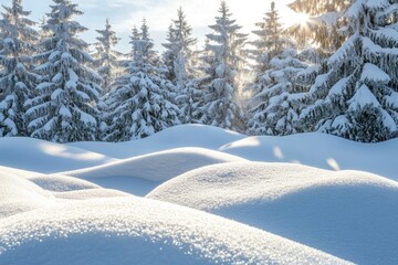Obraz premium Beautiful landscape with snow covered fir trees and snowdrifts.Merry Christmas and happy New Year greeting background with copy-space.Winter fairytale , ai