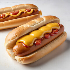 Classic hotdog with mustard and ketchup in a soft bun on clean white background