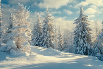Fototapeta premium Beautiful landscape with snow covered fir trees and snowdrifts.Merry Christmas and happy New Year greeting background with copy-space.Winter fairytale , ai