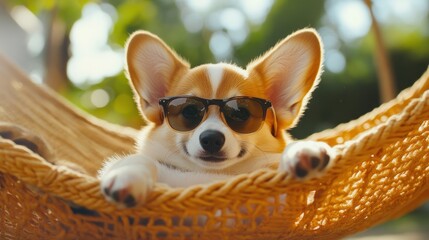 A relaxed corgi wearing sunglasses lounging in a hammock on a sunny day.