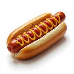 Classic hotdog with mustard and ketchup in a soft bun on clean white background