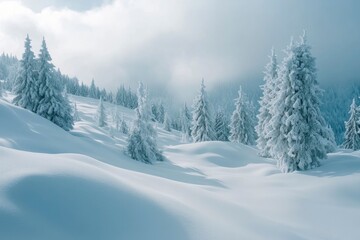 Fototapeta premium Beautiful landscape with snow covered fir trees and snowdrifts.Merry Christmas and happy New Year greeting background with copy-space.Winter fairytale , ai