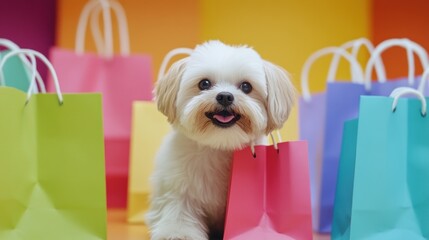 A playful dog surrounded by colorful shopping bags, exuding joy and charm.