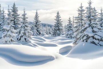 Beautiful landscape with snow covered fir trees and snowdrifts.Merry Christmas and happy New Year greeting background with copy-space.Winter fairytale , ai