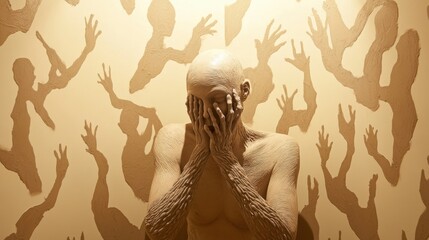 A sculpture of a person covering their face is surrounded by shadowy hand silhouettes, AI